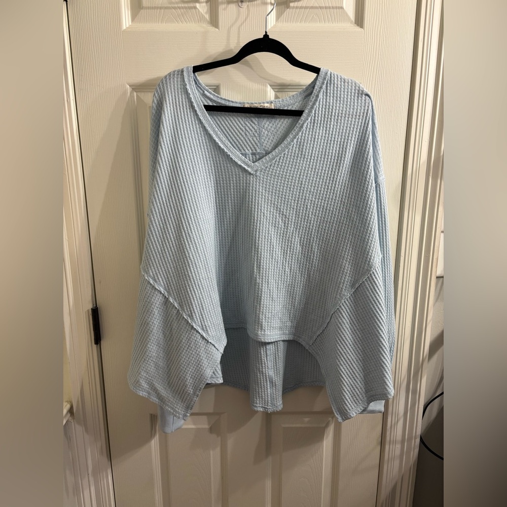 We The Free Light Blue Women's Waffle V-Neck Sweater Top